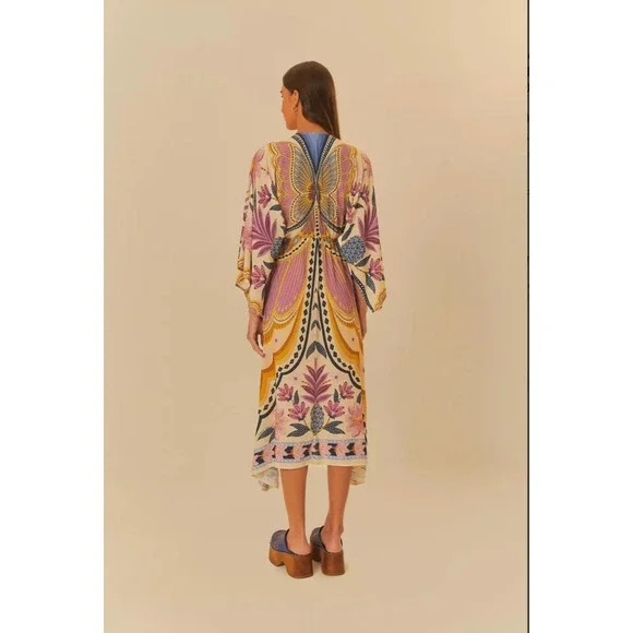 Farm Rio Butterfly Floral Print Kimono Sleeve Dress Bohemian Style - Picture 2 of 10